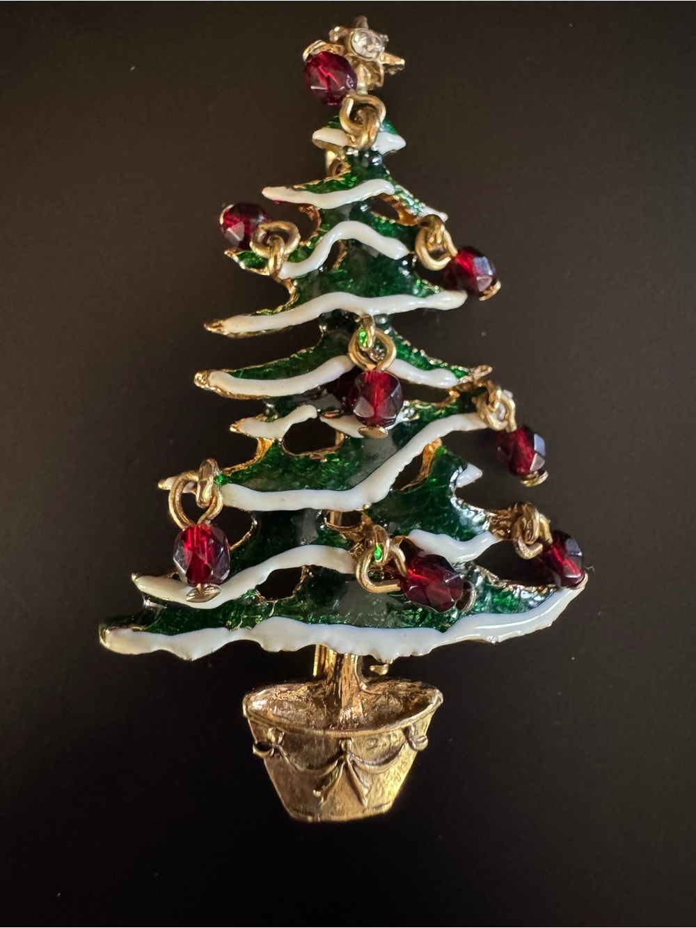 Vintage Avon Christmas Tree Brooch - Enamel & Dangling Red Glass